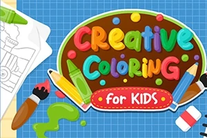 Dibujo colorido con materiales de arte como pinceles y crayones sobre un fondo azul, acompañado de hojas en blanco y el texto Creative Coloring for Kids