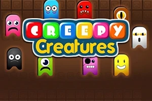 Diferentes criaturas coloridas con expresiones variadas alrededor del texto Creepy Creatures en un fondo oscuro