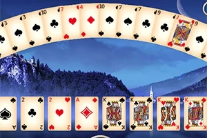 Cartas de juego sobre un fondo de paisaje montañoso con cielo nocturno