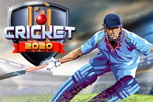 Jugador de cricket con uniforme azul balanceando un bate frente a un escudo con el texto Cricket 2020