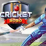 Jugador de cricket con uniforme azul balanceando un bate frente a un escudo con el texto Cricket 2020