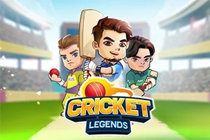 Tres personajes caricaturizados vestidos con uniformes de cricket, uno sosteniendo un bate, en un estadio con el texto Cricket Legends al frente
