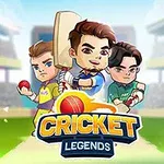 Tres personajes caricaturizados vestidos con uniformes de cricket, uno sosteniendo un bate, en un estadio con el texto Cricket Legends al frente