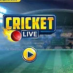 Jugador de cricket en uniforme azul preparándose para golpear una pelota con un bate, con la palabra Cricket Live en texto destacado