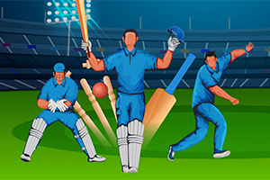 Jugadores de cricket en uniforme azul en un campo con estadio iluminado al fondo