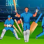 Jugadores de cricket en uniforme azul en un campo con estadio iluminado al fondo