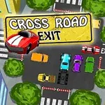 Cruce de calles en una ciudad con coches de colores y un letrero amarillo que indica salida