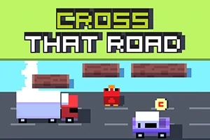 Un personaje en forma de pollo pixelado en medio de una carretera con vehículos y troncos en una imagen de estilo retro