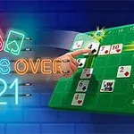 Una mano señalando una tabla verde con cartas y números, acompañada de luces de neón que forman la frase CROSS OVER 21 sobre un fondo de ladrillos azules