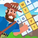 Explorador sonriente con sombrero y barba, mostrando crucigrama con letras en un paisaje de cielo azul y nubes