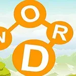 Cuatro círculos naranjas con letras blancas que forman la palabra WORD sobre un fondo de montañas y cielo azul