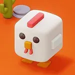 Pollito cúbico y blanco con cresta roja, pico amarillo y ojos marrones sobre un fondo naranja, junto a un cactus y piedras