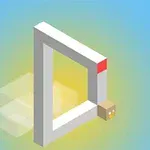 Triángulo imposible en 3D con un cubo pequeño adherido en la esquina sobre un fondo degradado de azul a amarillo