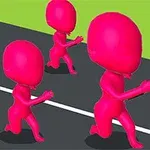 Tres figuras rosas en 3D corren sobre una pista negra con líneas blancas, en un fondo verde