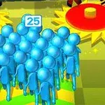 Grupo de figuras humanas azules con el número 25, en un entorno colorido con engranajes amarillos y rojos