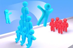 Figuras humanas azules en una formación escalonada, con una figura saltando, enfrentando a seis figuras rojas en un fondo azul