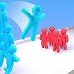 Figuras humanas azules en una formación escalonada, con una figura saltando, enfrentando a seis figuras rojas en un fondo azul