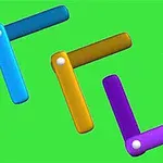 Tres figuras geométricas en forma de L en colores azul, amarillo y morado sobre un fondo verde