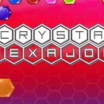 Título Crystal Hexajong en letras blancas con fondo de hexágonos rojos y cristales de colores
