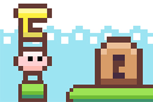 Personaje pixelado con sombrero apilado y casa pixelada en fondo azul claro
