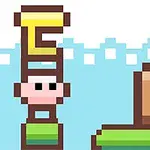 Personaje pixelado con sombrero apilado y casa pixelada en fondo azul claro