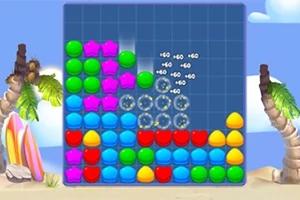 Bloques de colores brillantes, incluidos círculos y estrellas, se apilan en una cuadrícula sobre un fondo de playa con palmeras y tablas de surf