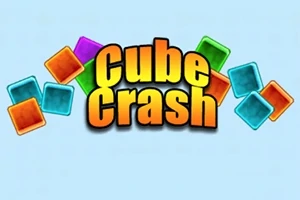 Texto Cube Crash en letras naranjas con un borde negro rodeado de cubos coloridos sobre un fondo azul claro