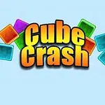 Texto Cube Crash en letras naranjas con un borde negro rodeado de cubos coloridos sobre un fondo azul claro