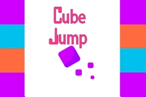 Texto Cube Jump en rosa con un cubo morado y pequeños cubos en un fondo blanco, flanqueado por barras verticales púrpuras, azules y naranjas