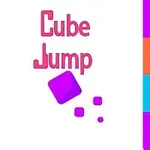 Texto Cube Jump en rosa con un cubo morado y pequeños cubos en un fondo blanco, flanqueado por barras verticales púrpuras, azules y naranjas