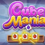 Título colorido Cube Mania con cubos de frutas y un fondo de luces brillantes