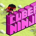 Texto en 3D rosa que dice CUBE NINJA con un personaje estilo ninja de cubos encima, en un paisaje verde con rocas