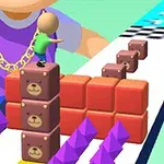 Una figura animada en un camino de bloques con osos y obstáculos morados, avanzando hacia una línea de meta en un entorno colorido