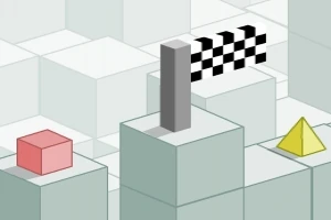 Cubo rojo y pirámide amarilla en un paisaje de bloques con una bandera de meta en blanco y negro