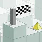 Cubo rojo y pirámide amarilla en un paisaje de bloques con una bandera de meta en blanco y negro