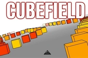 Cubos en tonos rojos y amarillos flotan en un camino gris con el texto CUBEFIELD en la parte superior