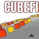 Cubos en tonos rojos y amarillos flotan en un camino gris con el texto CUBEFIELD en la parte superior
