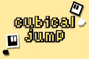 Texto cubical jump en estilo pixelado sobre un fondo amarillo con cuadrados blancos y negros en las esquinas