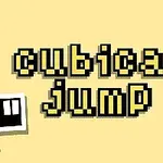 Texto cubical jump en estilo pixelado sobre un fondo amarillo con cuadrados blancos y negros en las esquinas