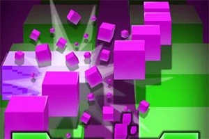 Cubos morados y verdes flotando y explotando sobre un fondo geométrico brillante
