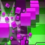 Cubos morados y verdes flotando y explotando sobre un fondo geométrico brillante