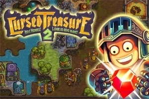 Un personaje sonriente con un casco sostiene un gran diamante rojo, con un paisaje de juego de fondo y el texto de un título llamativo
