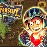 Un personaje sonriente con un casco sostiene un gran diamante rojo, con un paisaje de juego de fondo y el texto de un título llamativo