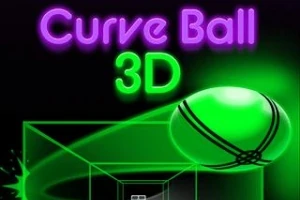 Texto en neón que dice Curve Ball 3D sobre un fondo negro con una esfera verde brillante y un efecto de túnel tridimensional