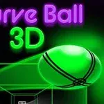 Texto en neón que dice Curve Ball 3D sobre un fondo negro con una esfera verde brillante y un efecto de túnel tridimensional