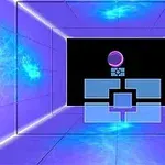 Sala futurista en tonos púrpura con un diseño geométrico y efectos de neón