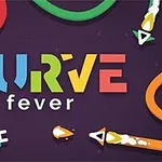 Texto colorido que dice Curve Fever rodeado de curvas de colores rojo, verde, azul y naranja sobre un fondo morado