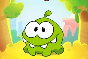 Criatura verde con ojos grandes y una pequeña antena, rodeada de árboles coloridos y un fondo urbano