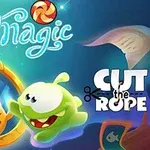 Dos personajes animados frente a un espejo mágico con caramelos flotando alrededor y las palabras Magic y Cut the Rope