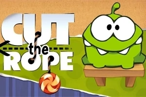 Un personaje verde con grandes ojos mirando un caramelo colgante frente a un fondo con el texto Cut the Rope